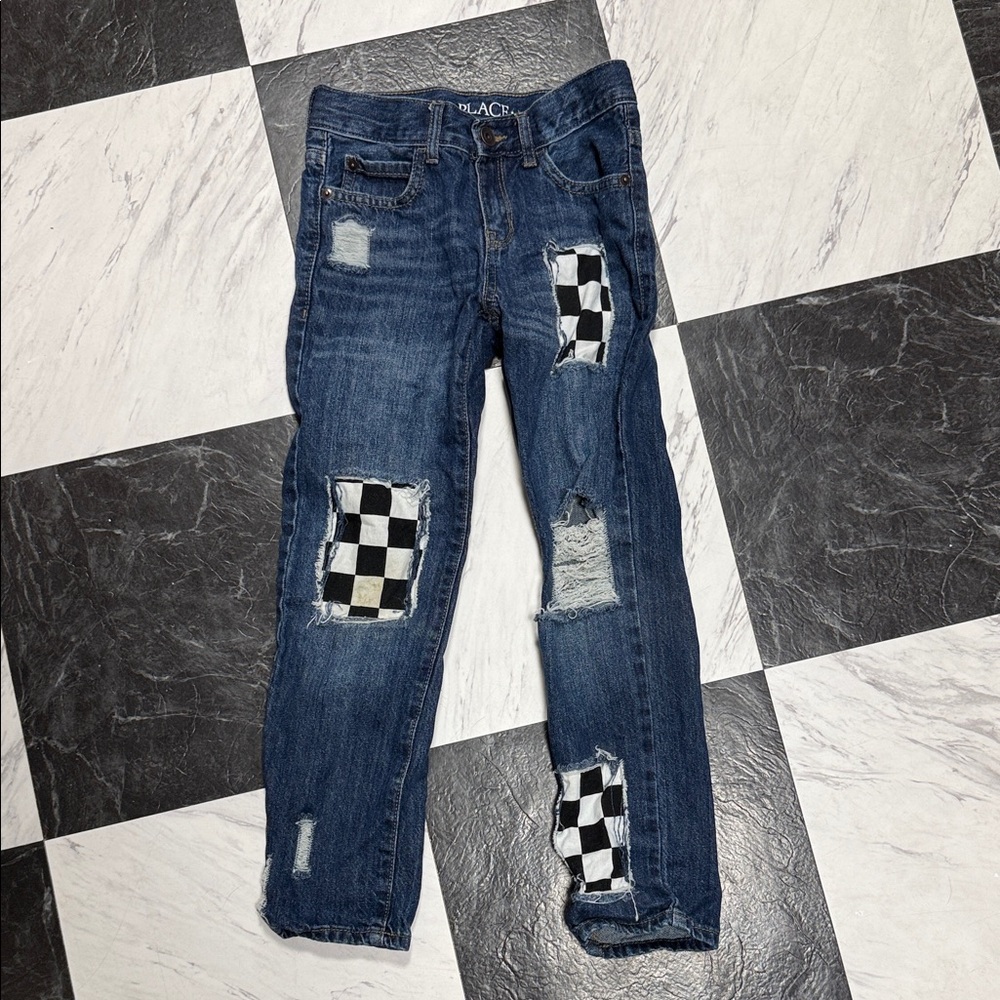 Checkered Patch Distressed Jeans